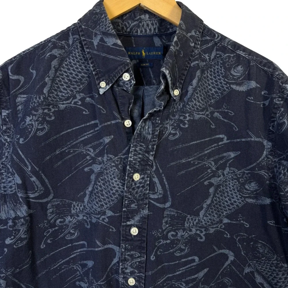 Ralph Lauren Mens XL Slim Fit Koi Fish Print Button Down Shirt Blue Short Sleeve - Picture 2 of 6